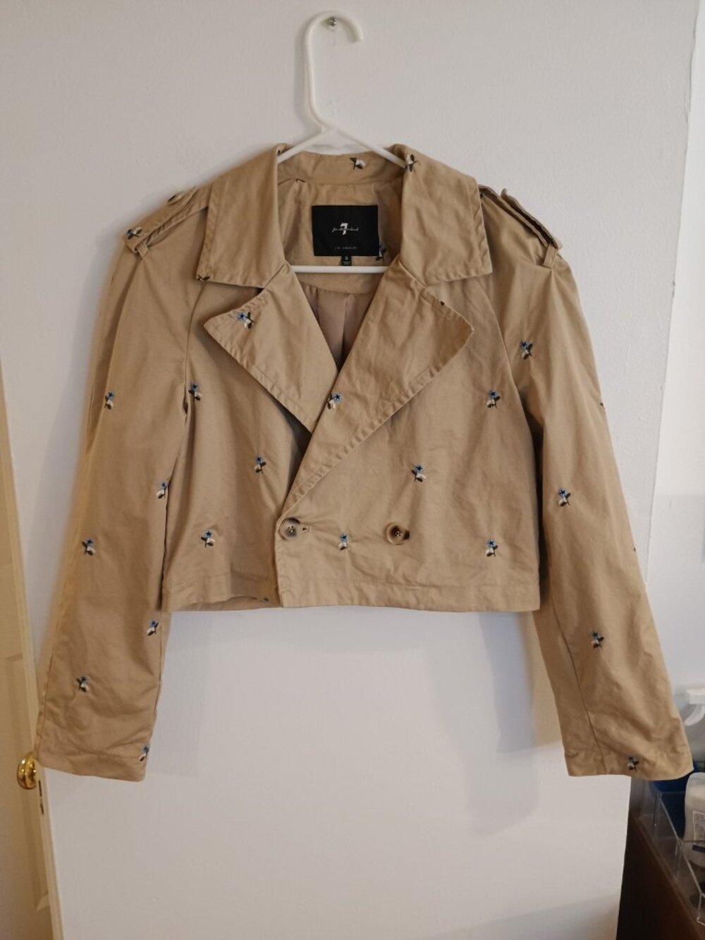 7 For All Mankind Cropped Floral Embroidered Cotton Trench Coat Tan Small
